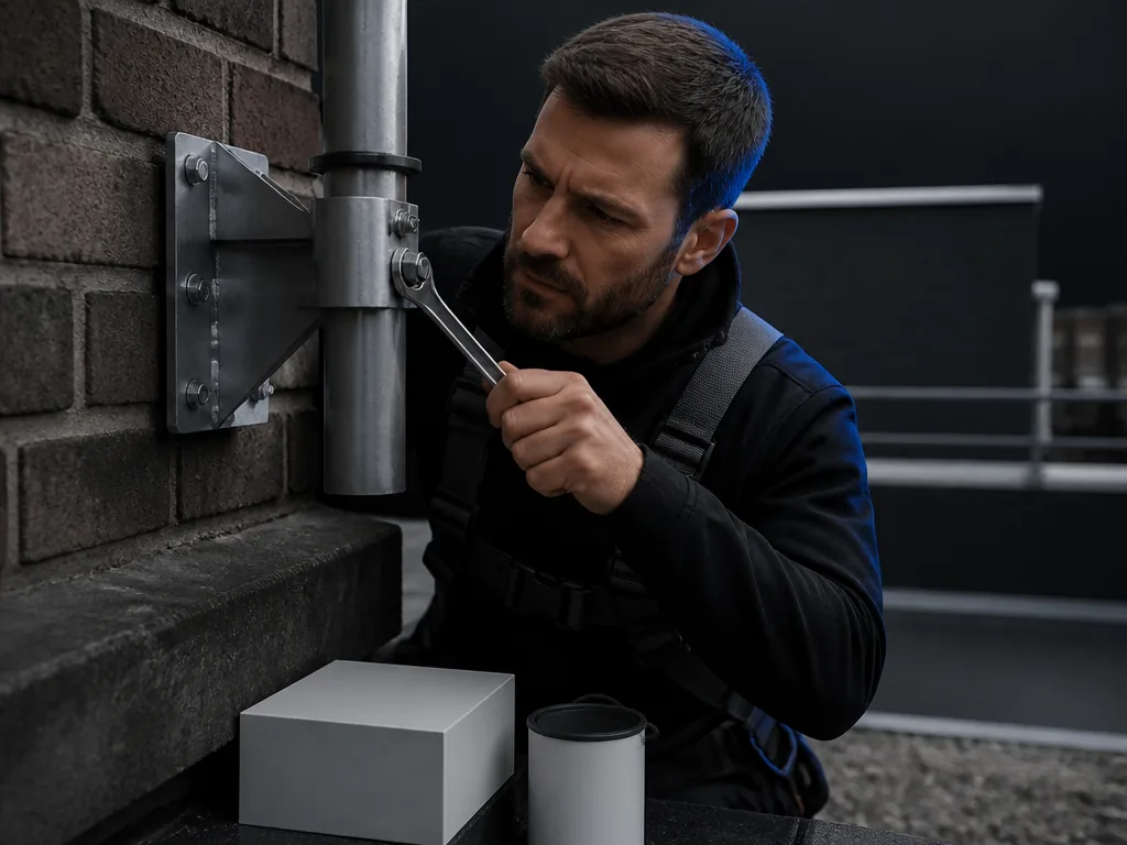 Fixations métalliques arrimant un mât d'antenne sur un toit