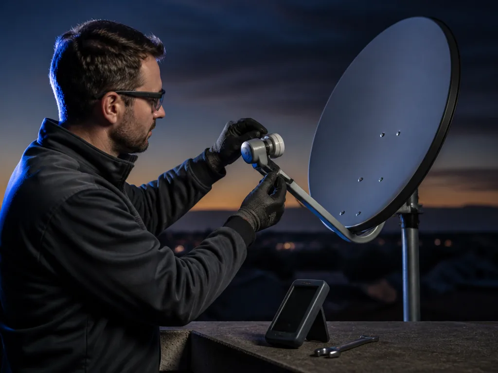 Un bricoleur sur un toit règle la polarisation du LNB d'une antenne parabolique